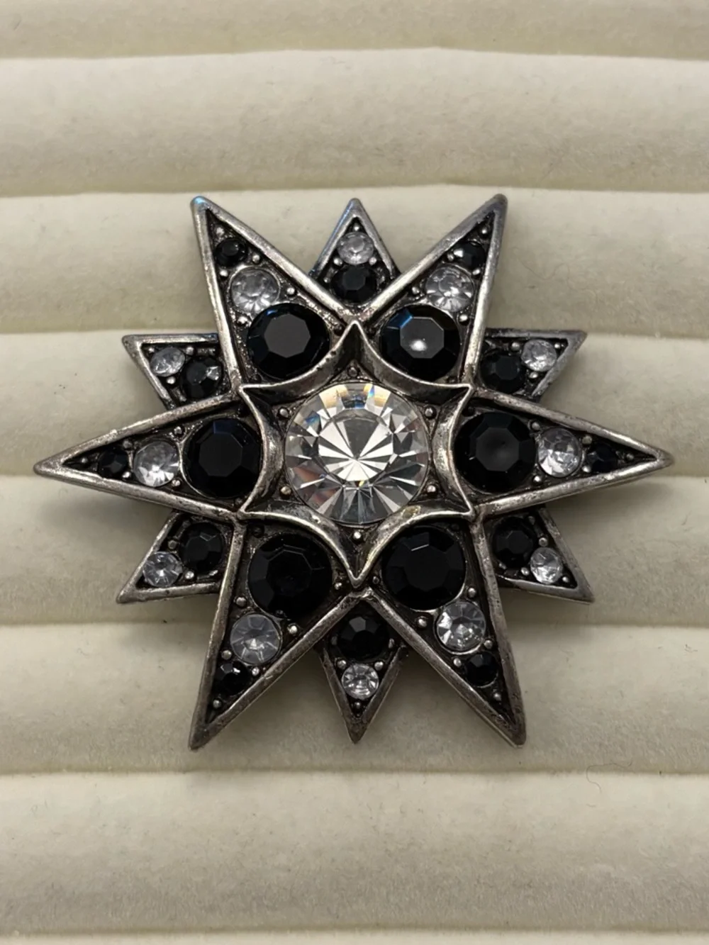 Vintage Silver Tone Starburst Brooch Pin Black Clear‎ Rhinestones Victorian Goth